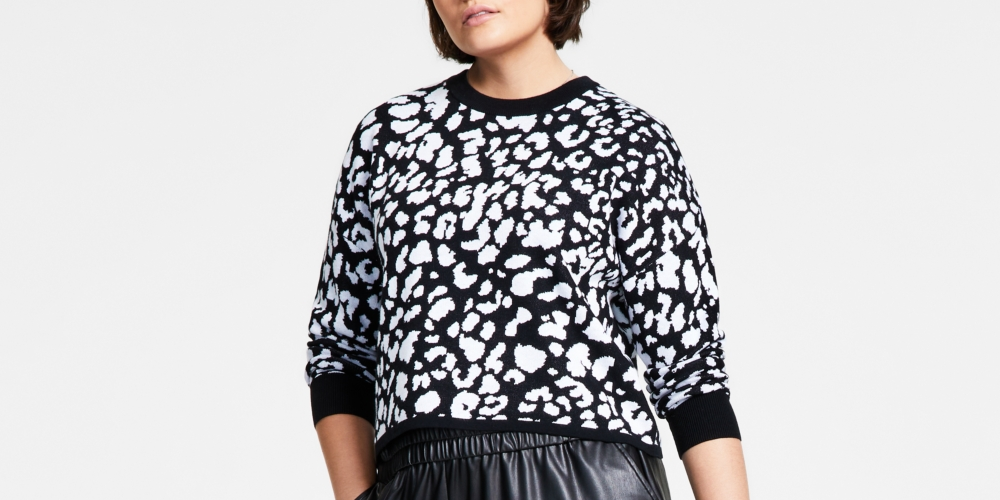 Bar III Women's Cheetah Jacquard Sweater Black Size Small