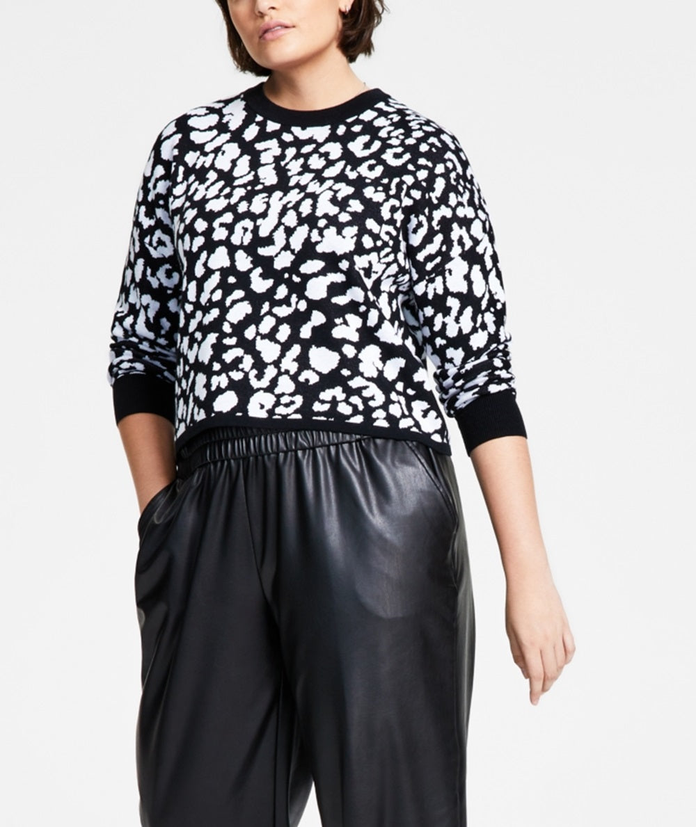 Bar III Women's Cheetah Jacquard Sweater Black Size X-Large