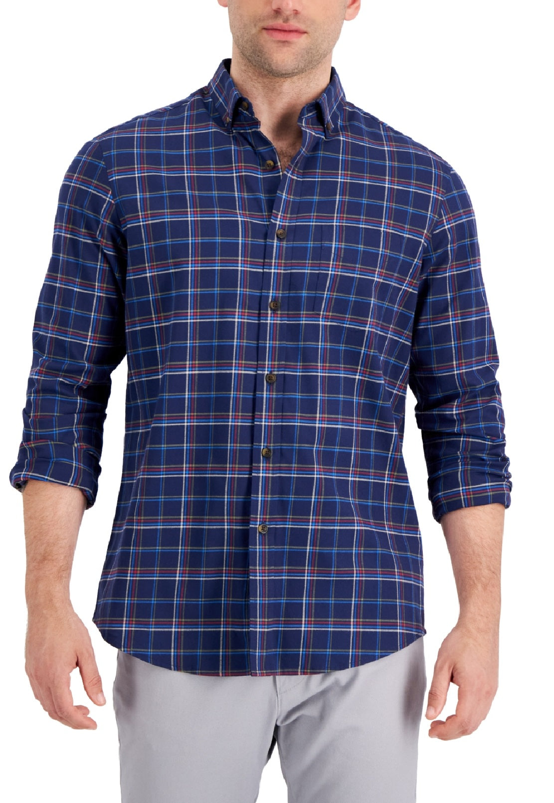 Club Room Men's Regula Fit Brushed Plaid Shirt Blue Size Medium