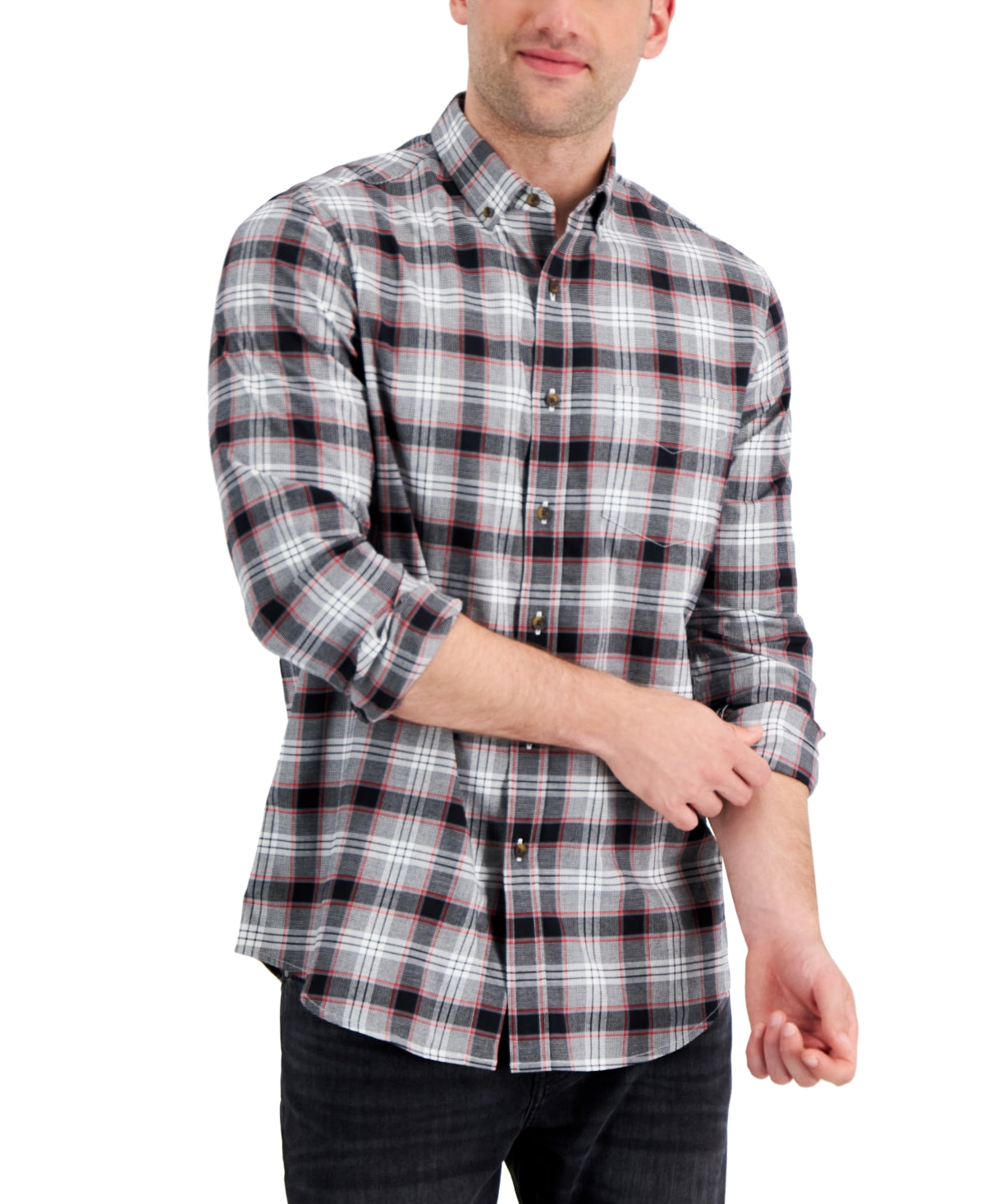 Club Room Men's Regular Fit Brushed Plaid Shirt Black Size Large
