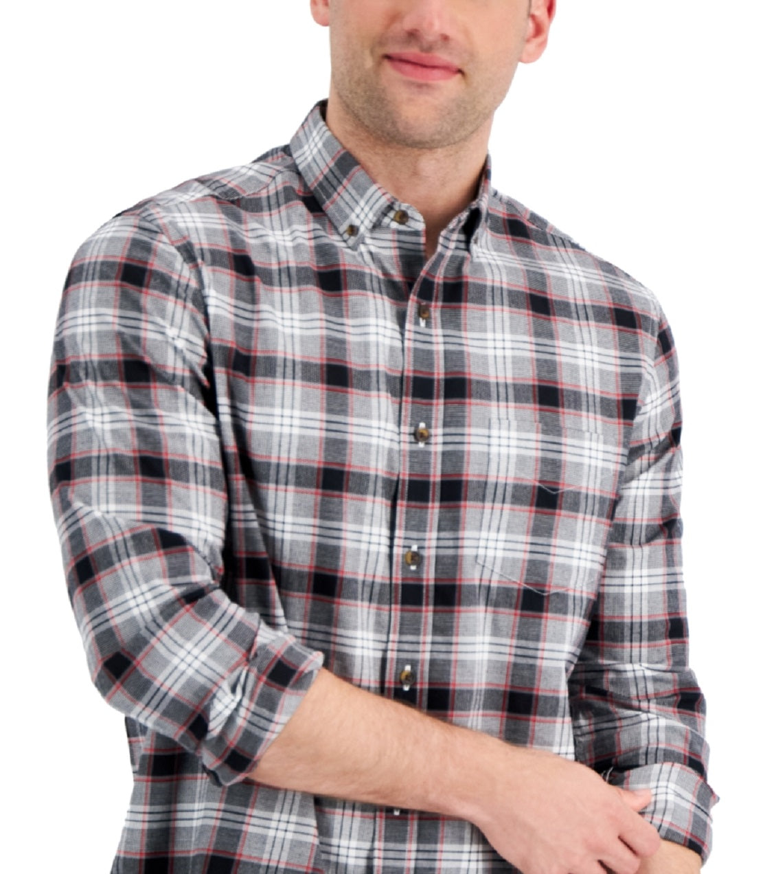 Club Room Men's Regular Fit Brushed Plaid Shirt Black Size Large