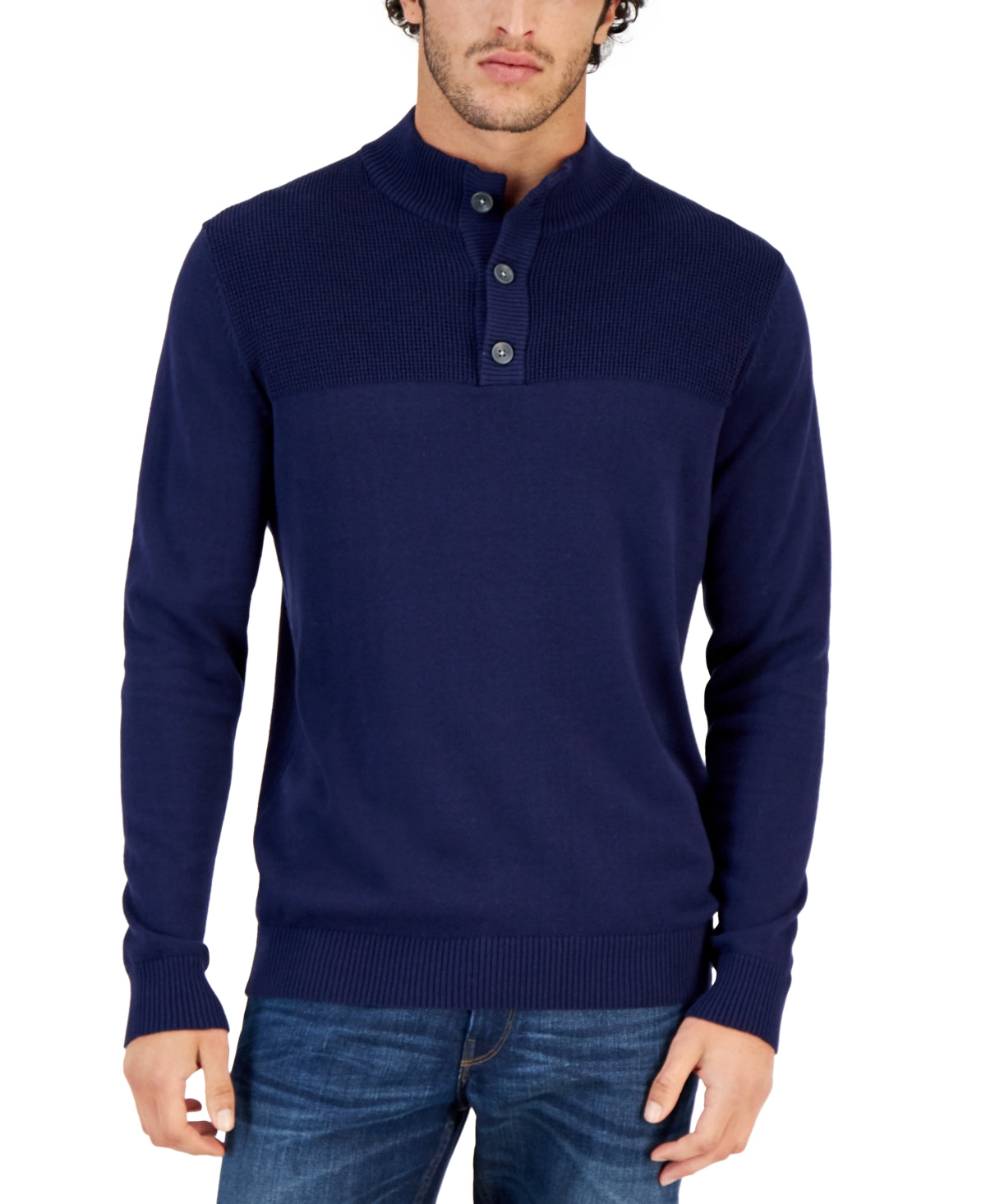 Club Room Men's Button Mock Neck Sweater Blue Size Small