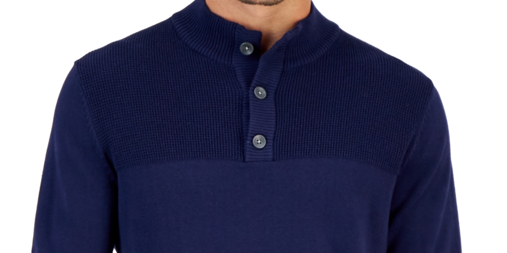 Club Room Men's Button Mock Neck Sweater Blue Size Small