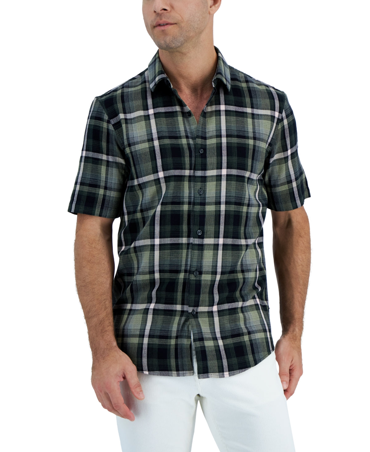 Alfani Men's Short Sleeve Panama Plaid Textured Shirt Green Size Medium