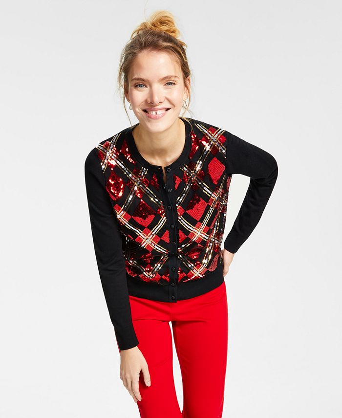 Charter Club Women's Diamond Sequined Cardigan Red Size Large