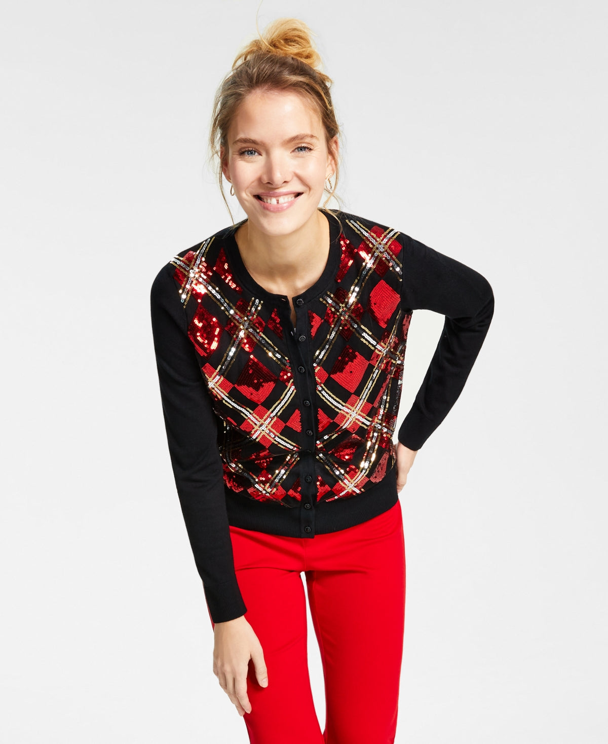 Charter Club Women's Diamond Sequined Cardigan Red Size X-Large