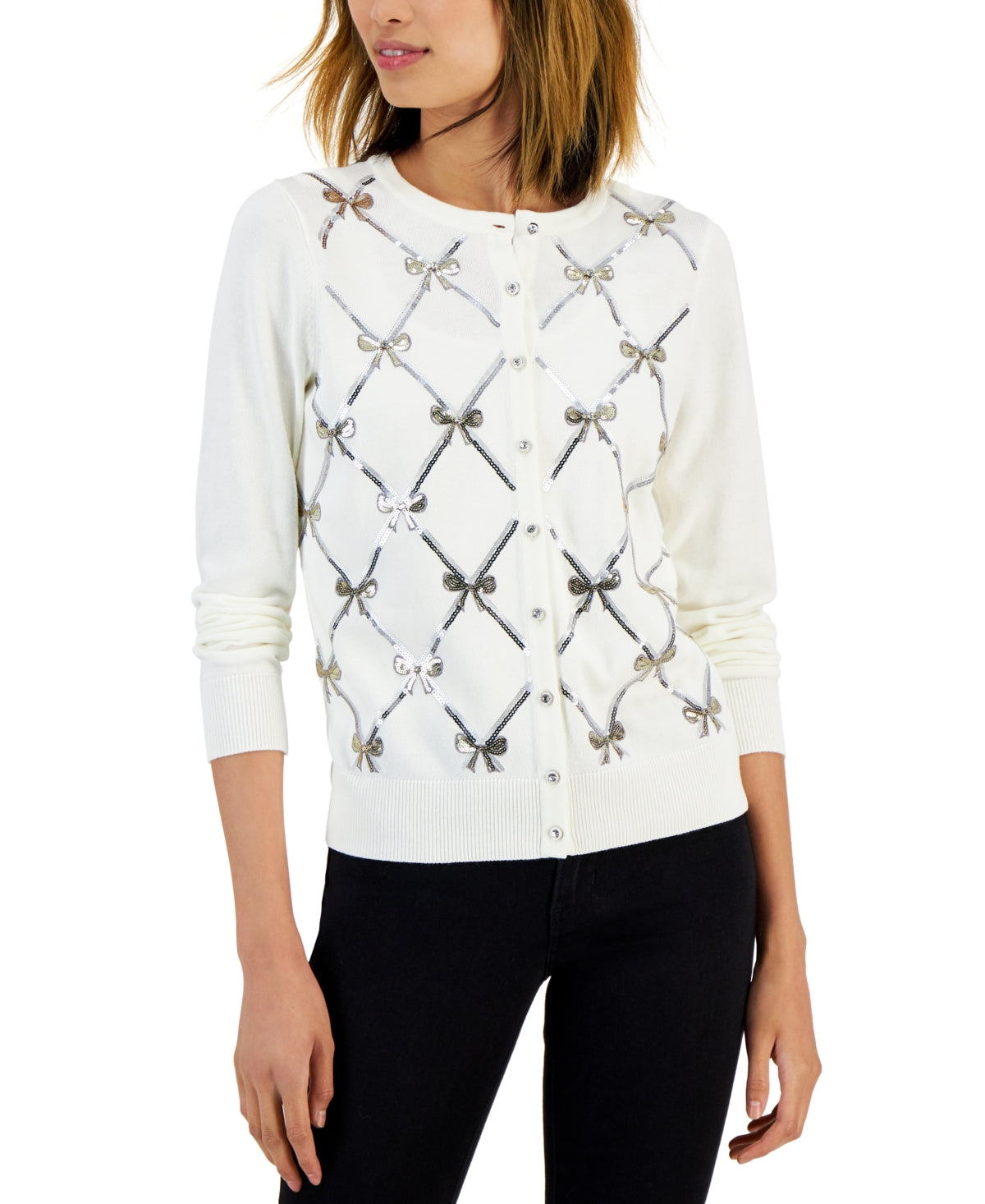 Charter Club Women's Sequined Bow Cardigan White Size Small