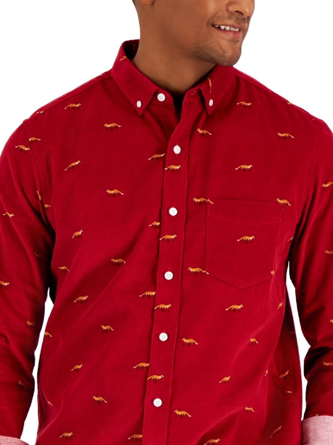 Club Room Men's Long Sleeve Corduroy Fox PrinT-Shirt Red Size Medium