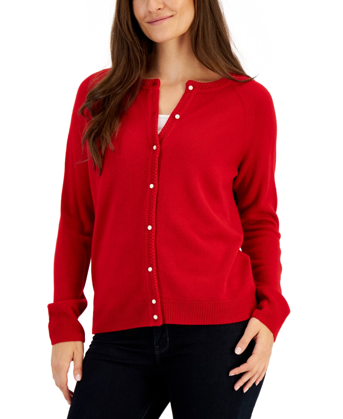 Karen Scott Women's Pearlized Button Crewneck Cardigan Red Size Medium