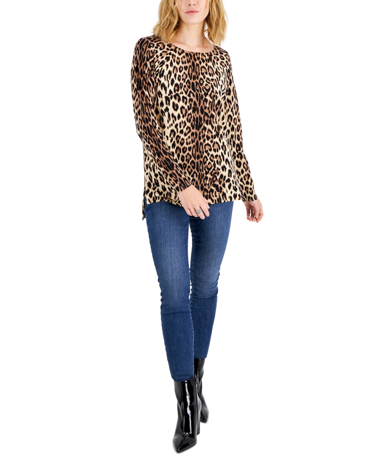 INC International Concepts Women's Leopard Print Boat Neck Sweater Black Size Medium