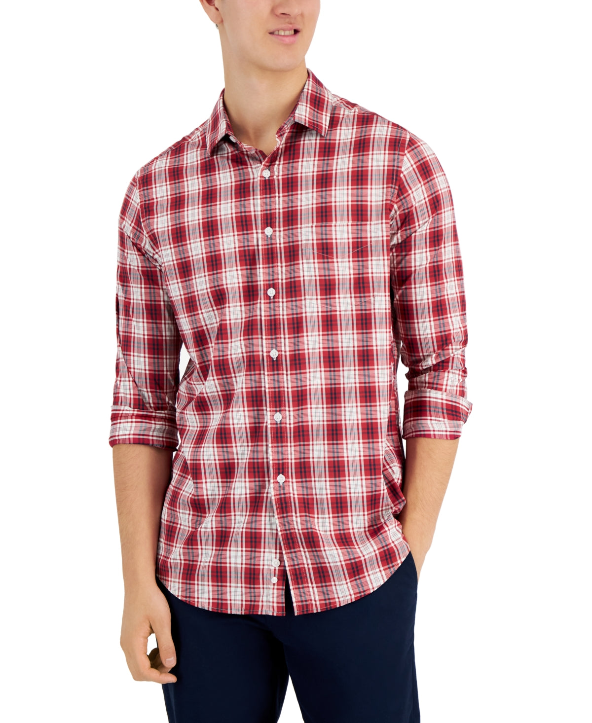 Club Room Men's Plaid Tech Woven Button Up Shirt Red Size X-Large