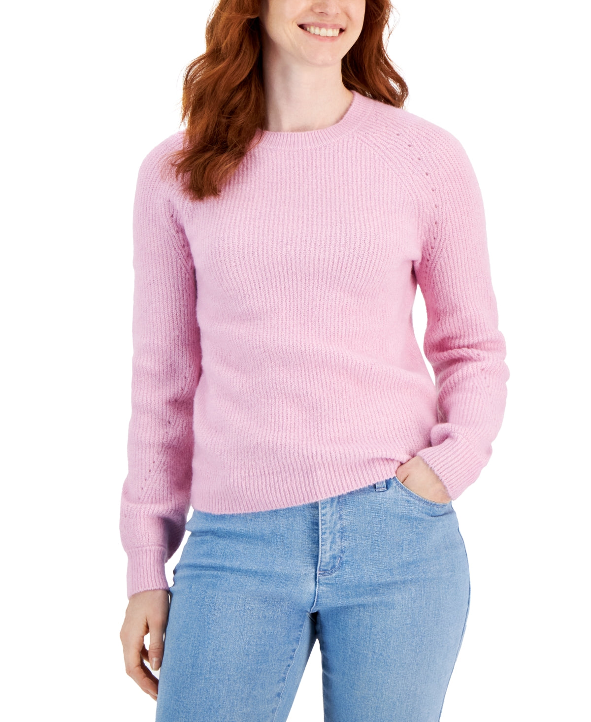 Style & Co Women's Puff Sleeve Crewneck Sweater Pink Size X-Large