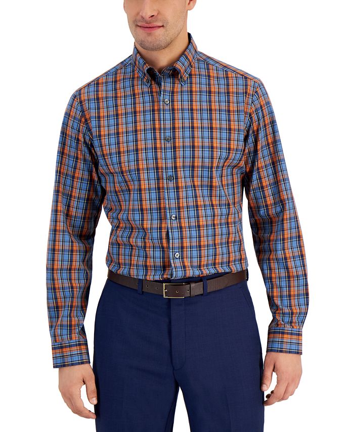 Club Room Men's Plaid Slim Fit Dress Shirt Blue Size Large