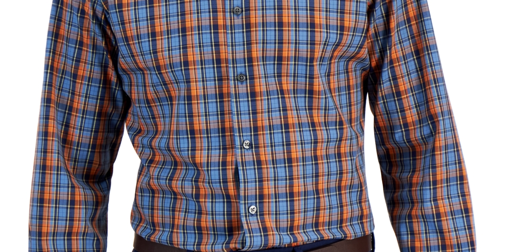 Club Room Men's Plaid Slim Fit Dress Shirt Blue Size Large