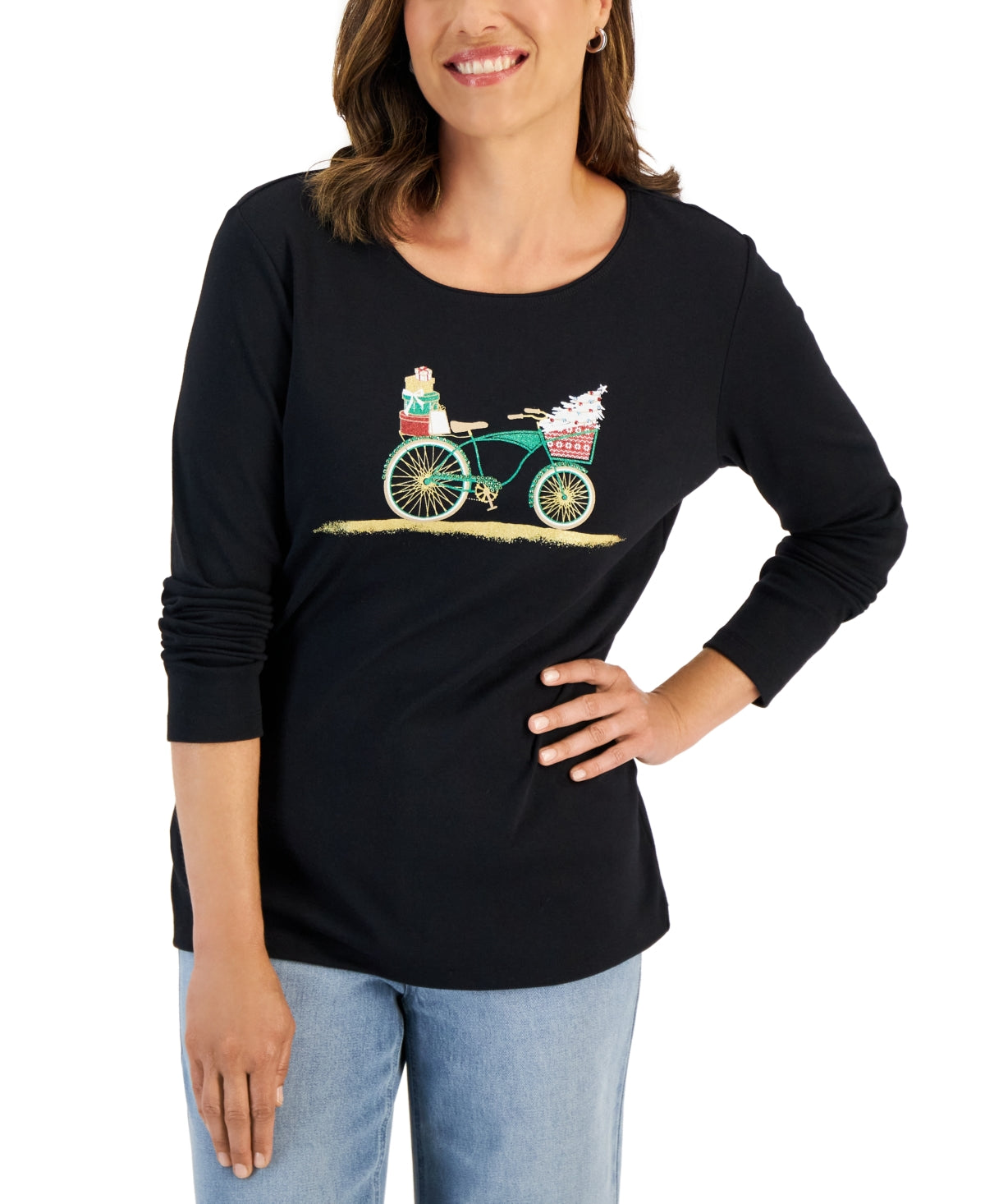 Karen Scott Women's Long Sleeve Holiday Top Black Size Large