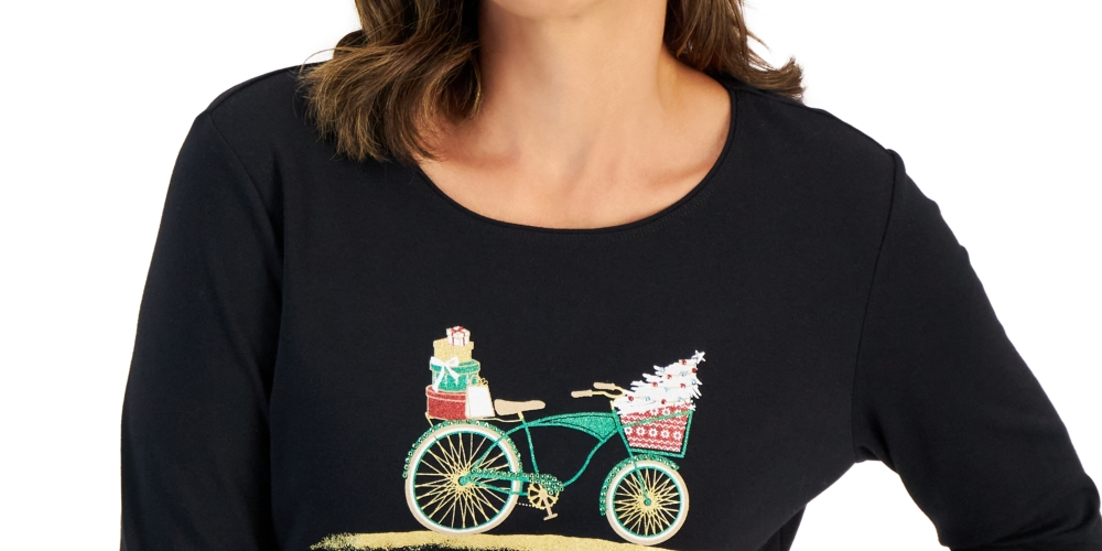 Karen Scott Women's Long Sleeve Holiday Top Black Size Large