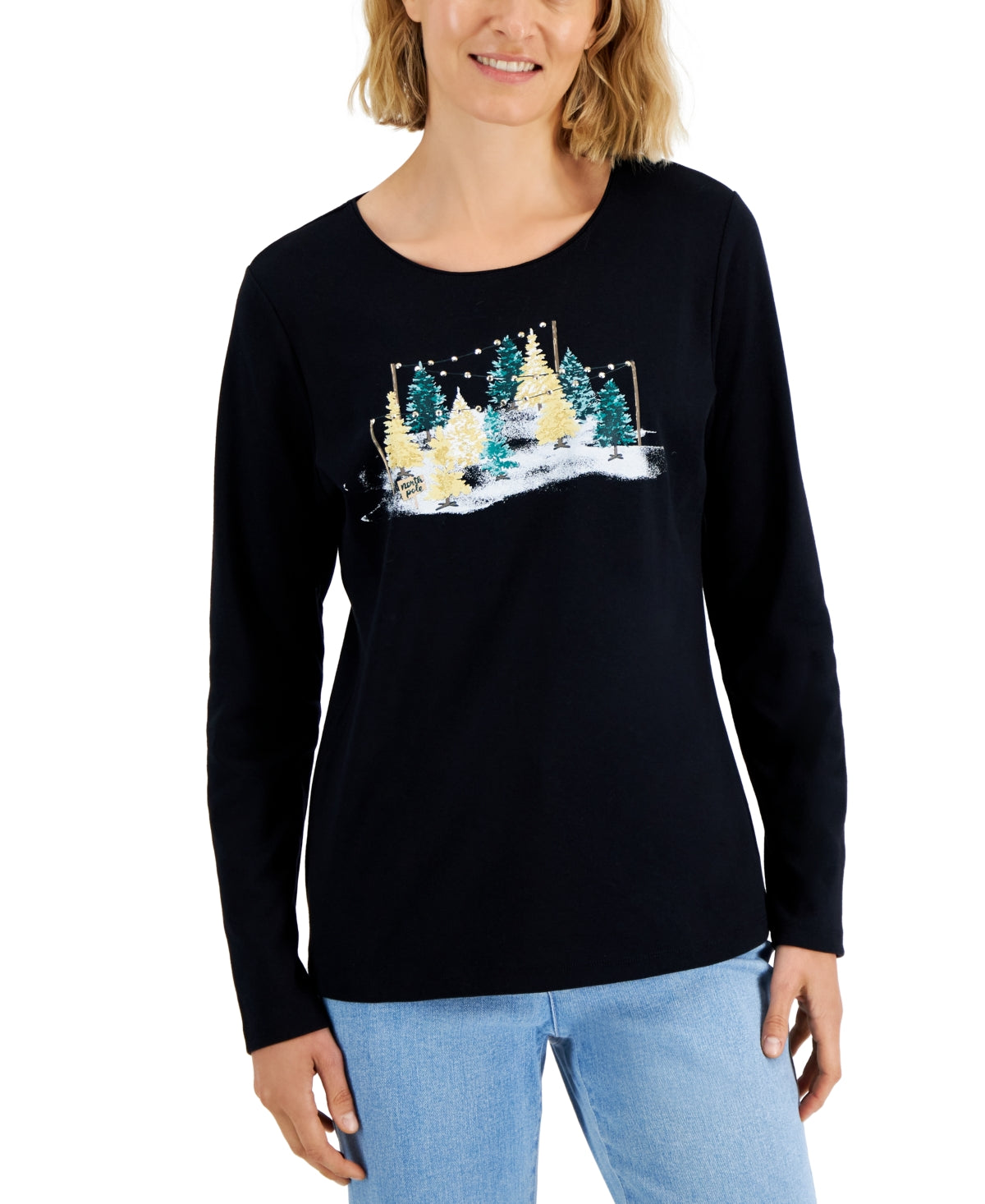 Karen Scott Women's Long Sleeve Holiday Top Black Size Medium