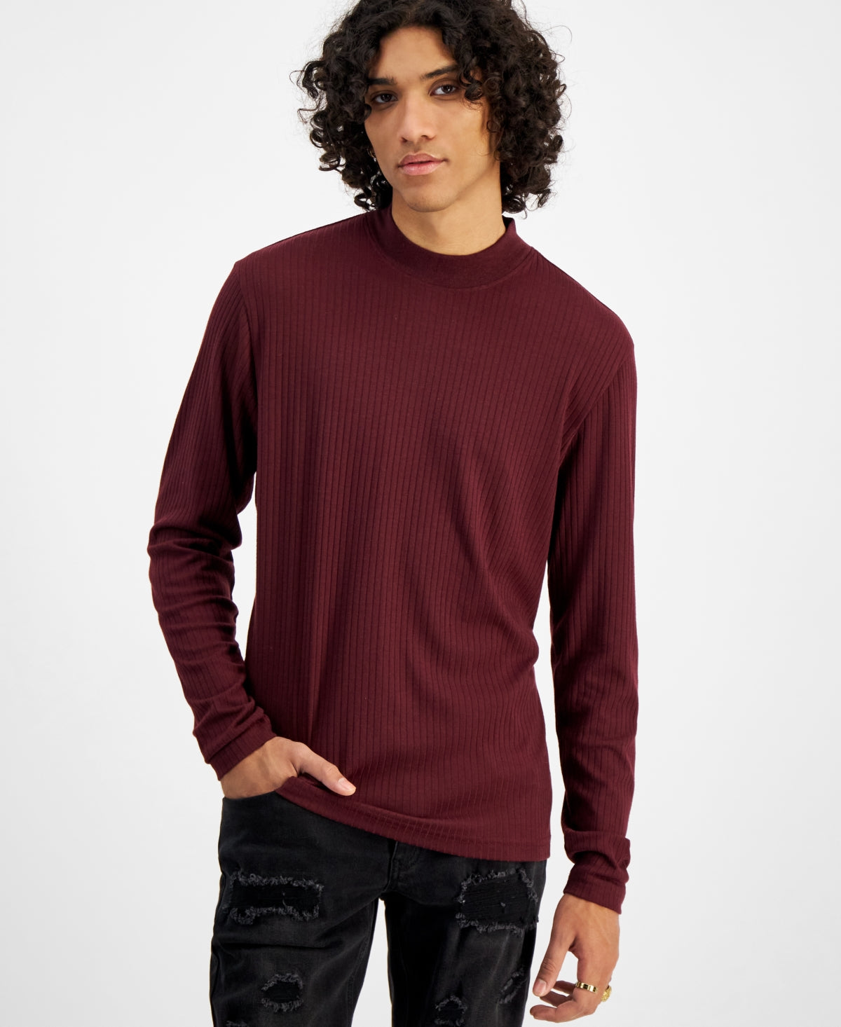 INC International Concepts Men's Ribbed Knit Long Sleeve T-Shirt Red Size Medium