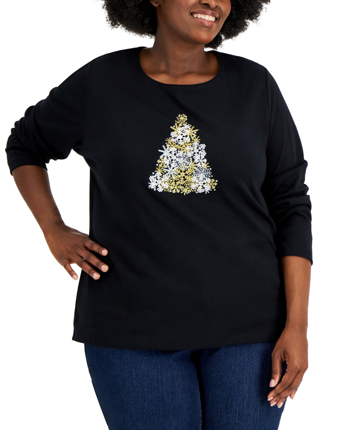 Karen Scott Women's Snowflake Tree Graphic Top Black Size 2X
