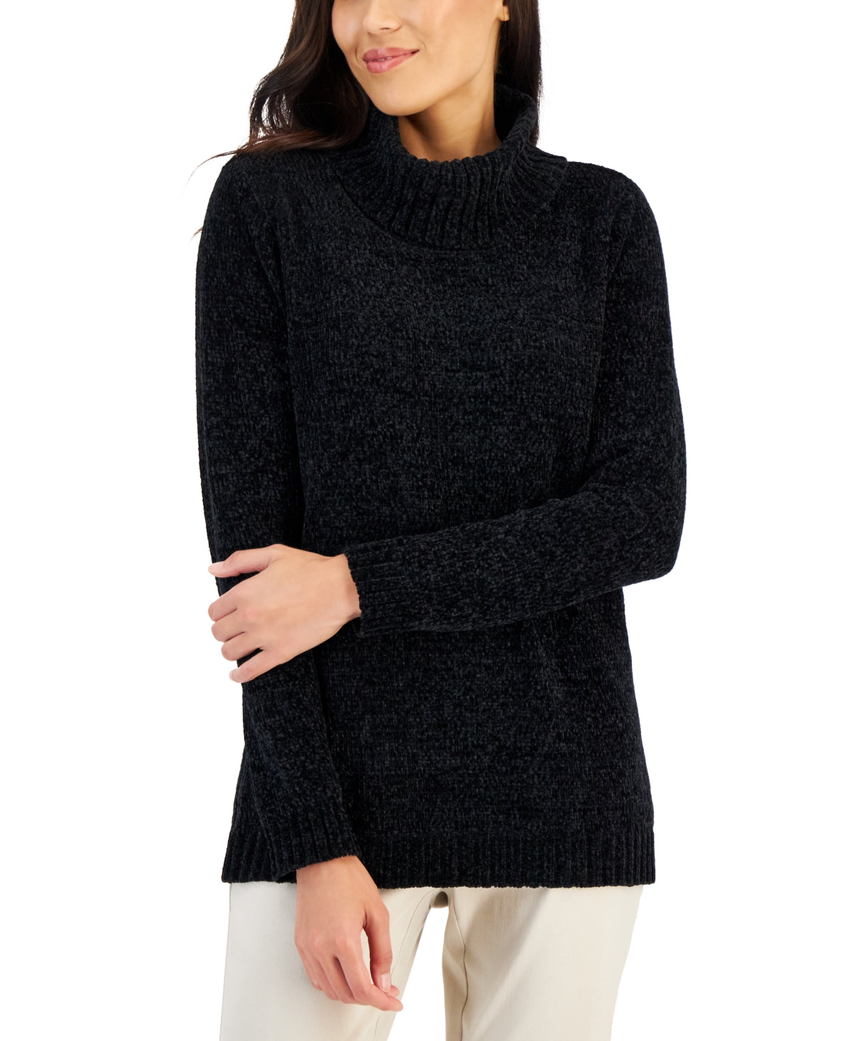 Karen Scott Women's Chenille Cowlneck Sweater Black Size Large