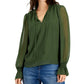 INC International Concepts Women's Clip Dot Tie Neck Blouse Green Size XX-Large