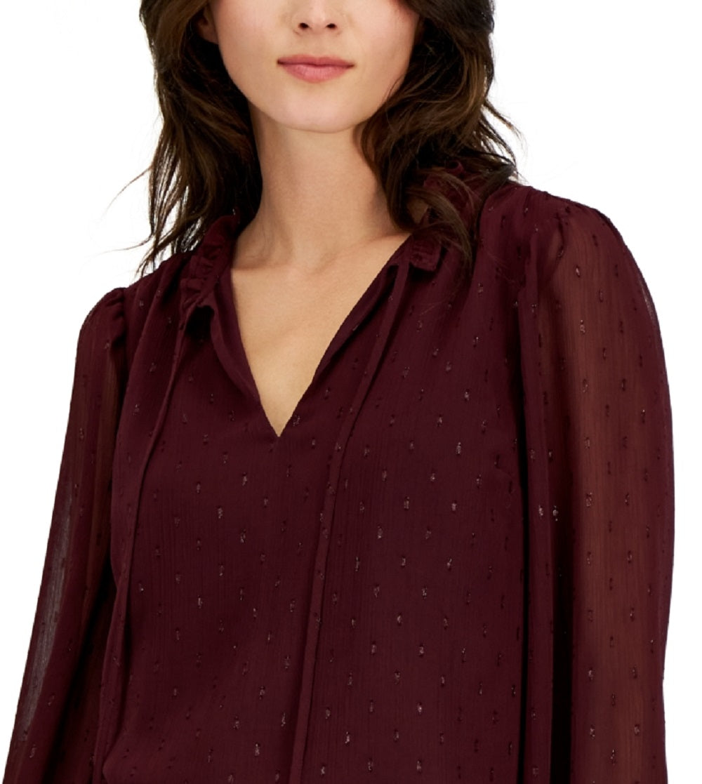 INC International Concepts Women's Clip Dot Tie Neck Blouse Red Size Large
