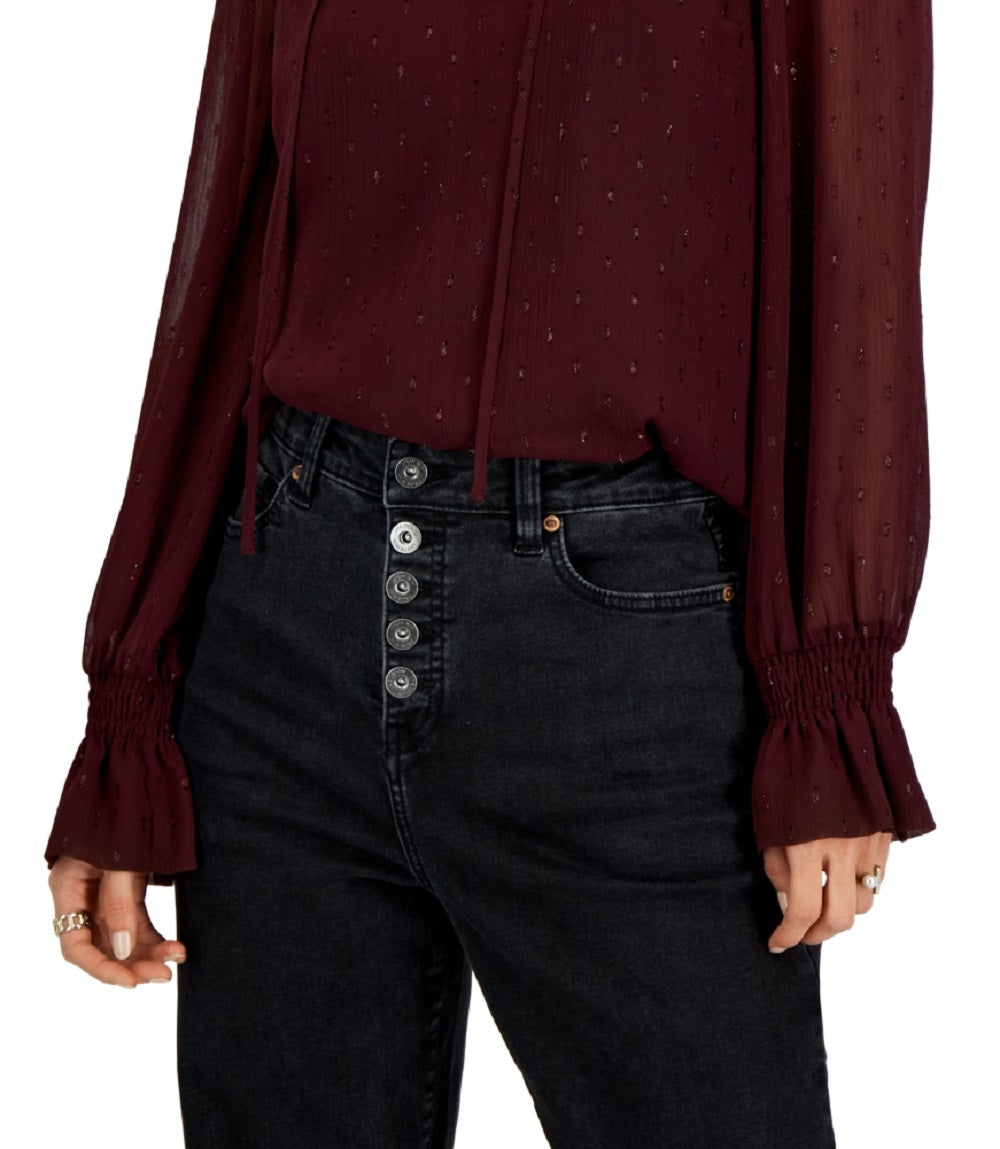 INC International Concepts Women's Clip Dot Tie Neck Blouse Red Size Large