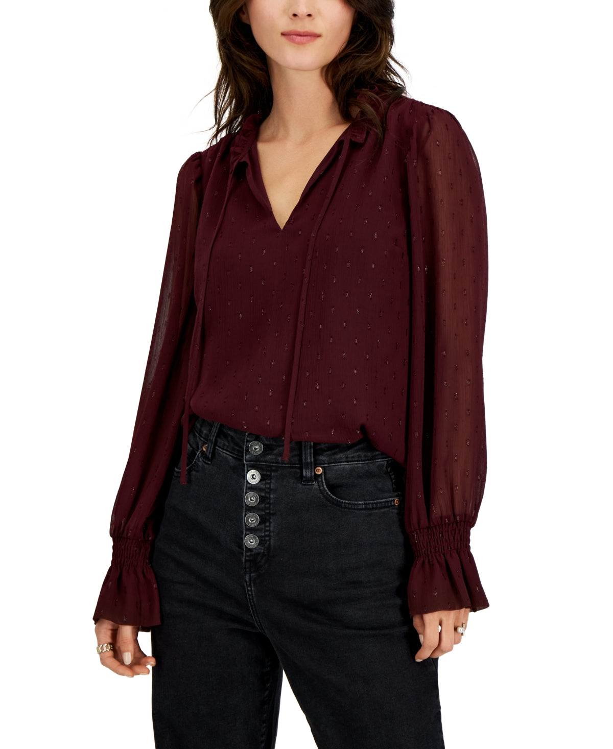 INC International Concepts Women's Clip Dot Tie Neck Blouse Red Size Large