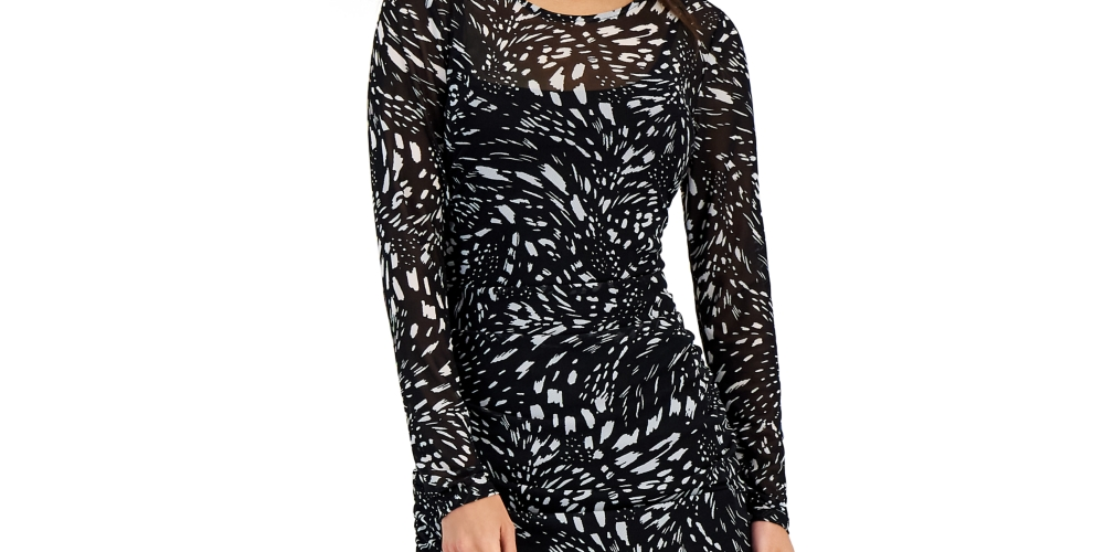 INC International Concepts Women's Printed Mesh Bodycon Dress Black Size Petite Small
