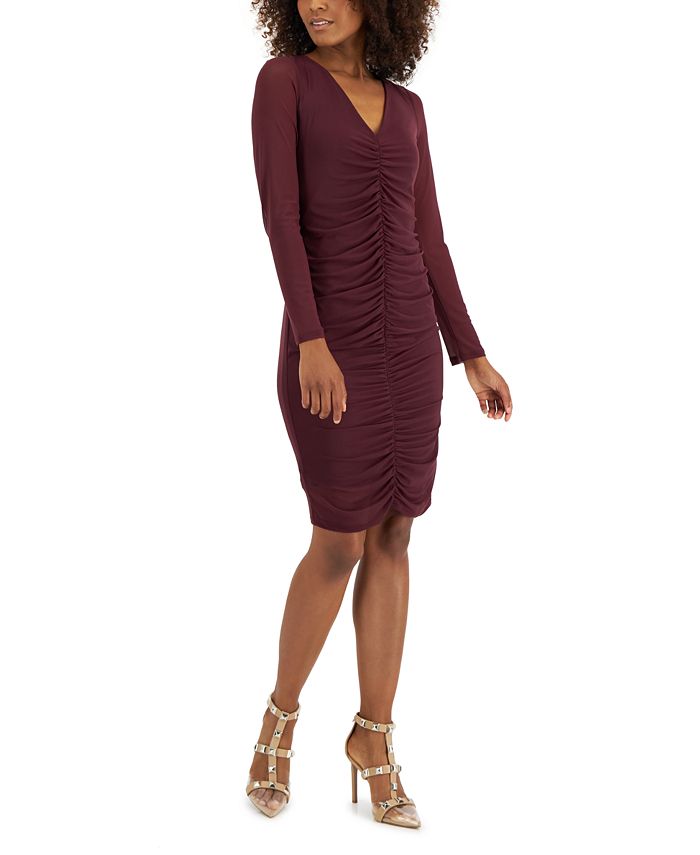 INC International Concepts Women's V Neck Ruched Mesh Dress Red Size Large
