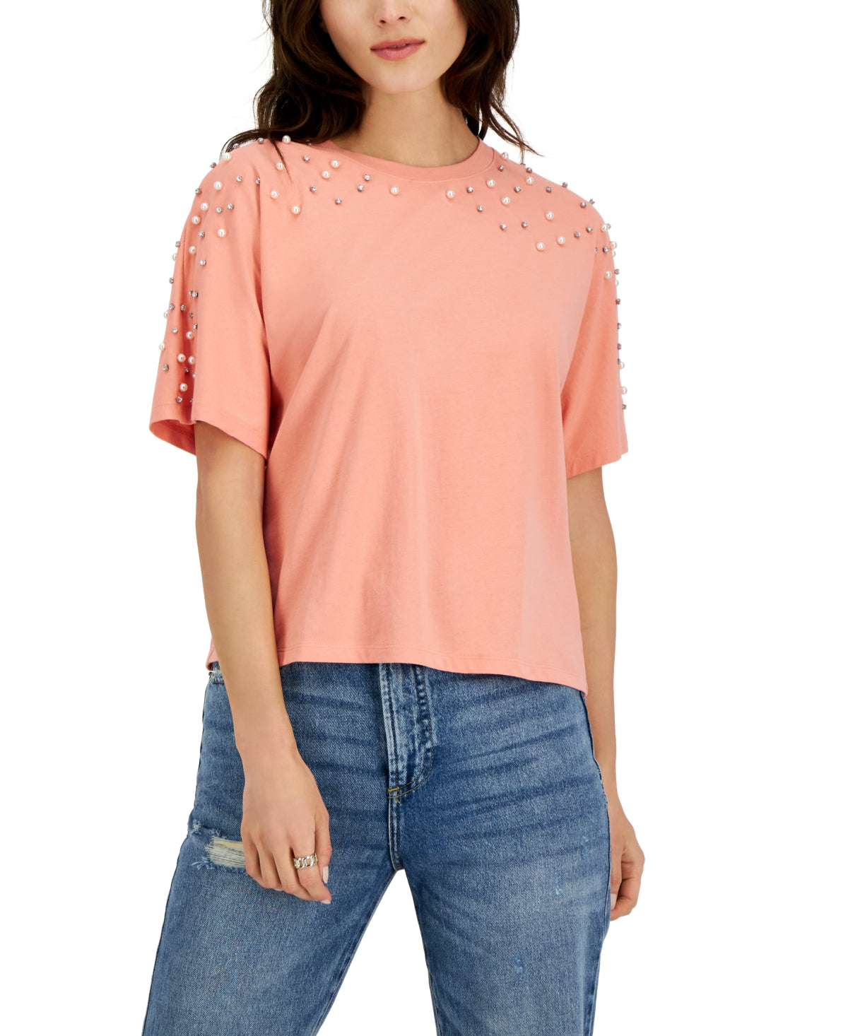 INC International Concepts Women's Embellished Dolman-Sleeve Tee Orange Size Medium