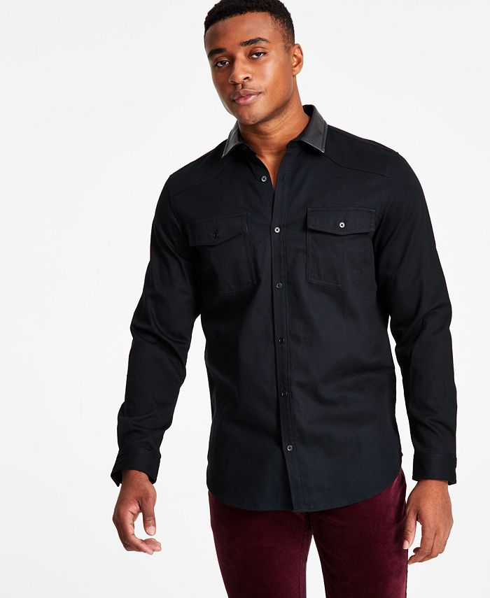 | Inc International Concepts Men's Classic-Fit Solid Button-Down Shirt with Faux-Leather Collar,Black Size M