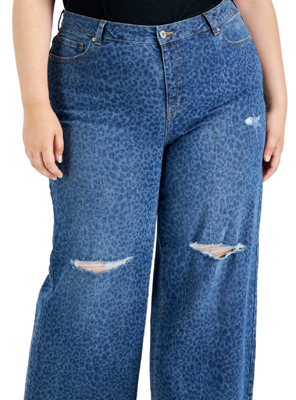 INC International Concepts Women's Cheetah Print Destructed Wide Leg Jeans Blue Size Petite Small