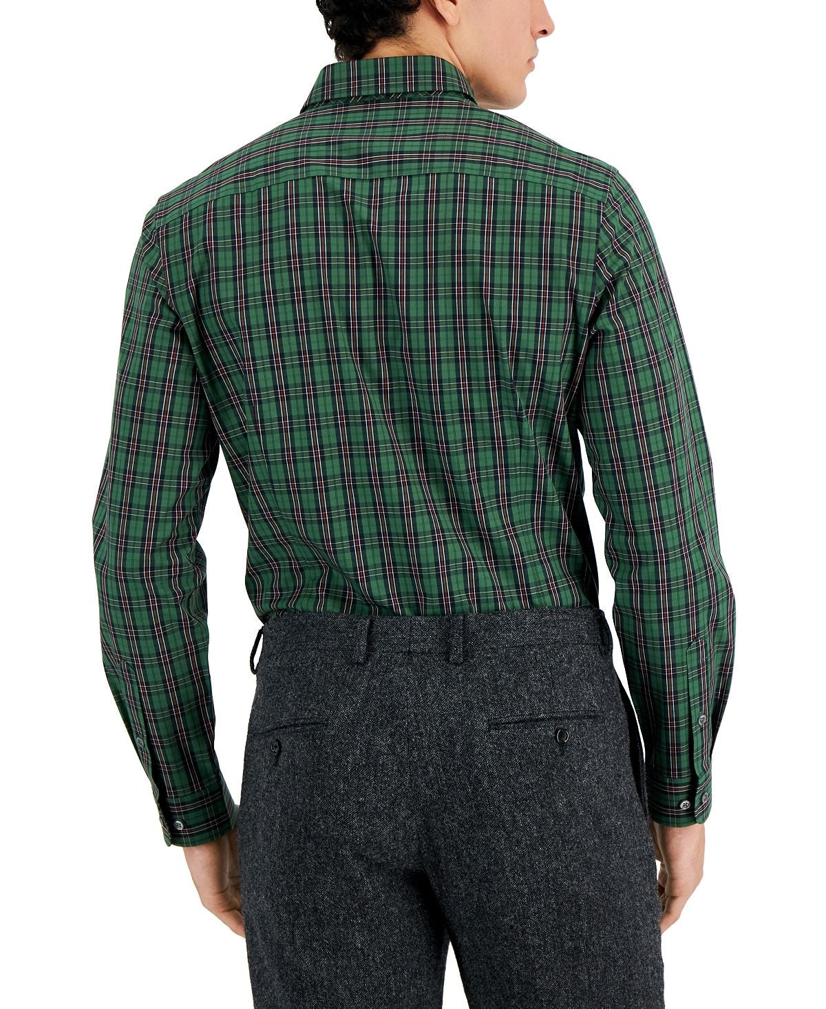 Club Room Men's Slim Fit 4 Way Stretch Plata Plaid Dress Shirt Green Size XX-Large