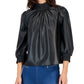 INC International Concepts Women's Faux Leather Smocked Neck Top Black Size Medium