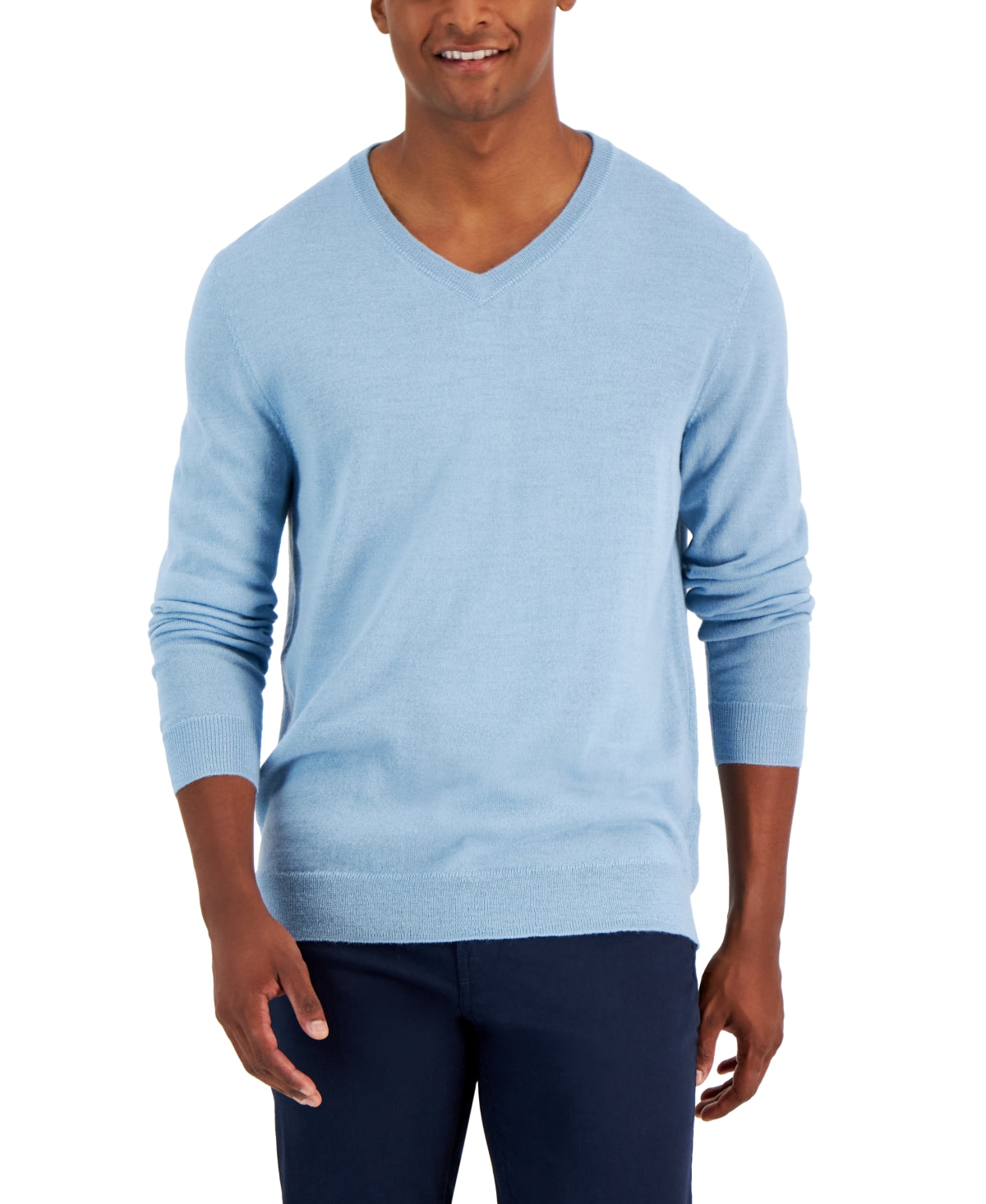 Club Room Men's Solid V Neck Merino Wool Blend Sweater Blue Size X-Large