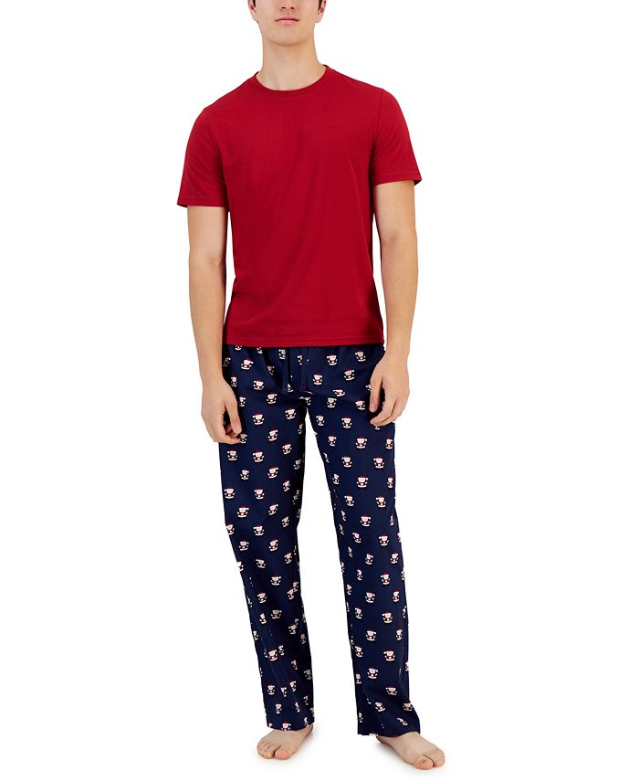 Club Room Men's Solid Top & Santa Bottom Pajama Set Blue Size X-Large