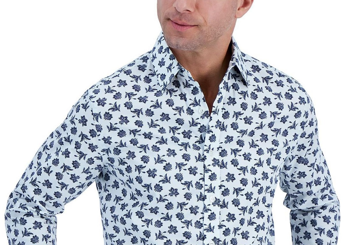 Club Room Men's Cotton Printed Button Down Shirt Blue Size Small