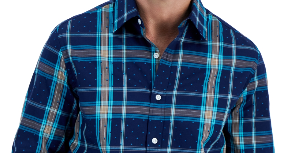 Club Room Men's Cotton Plaid Button Down Shirt Blue Size Small