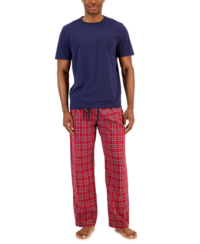 Club Room Men's Solid Top & Plaid Bottom Pajama Set Red Size L