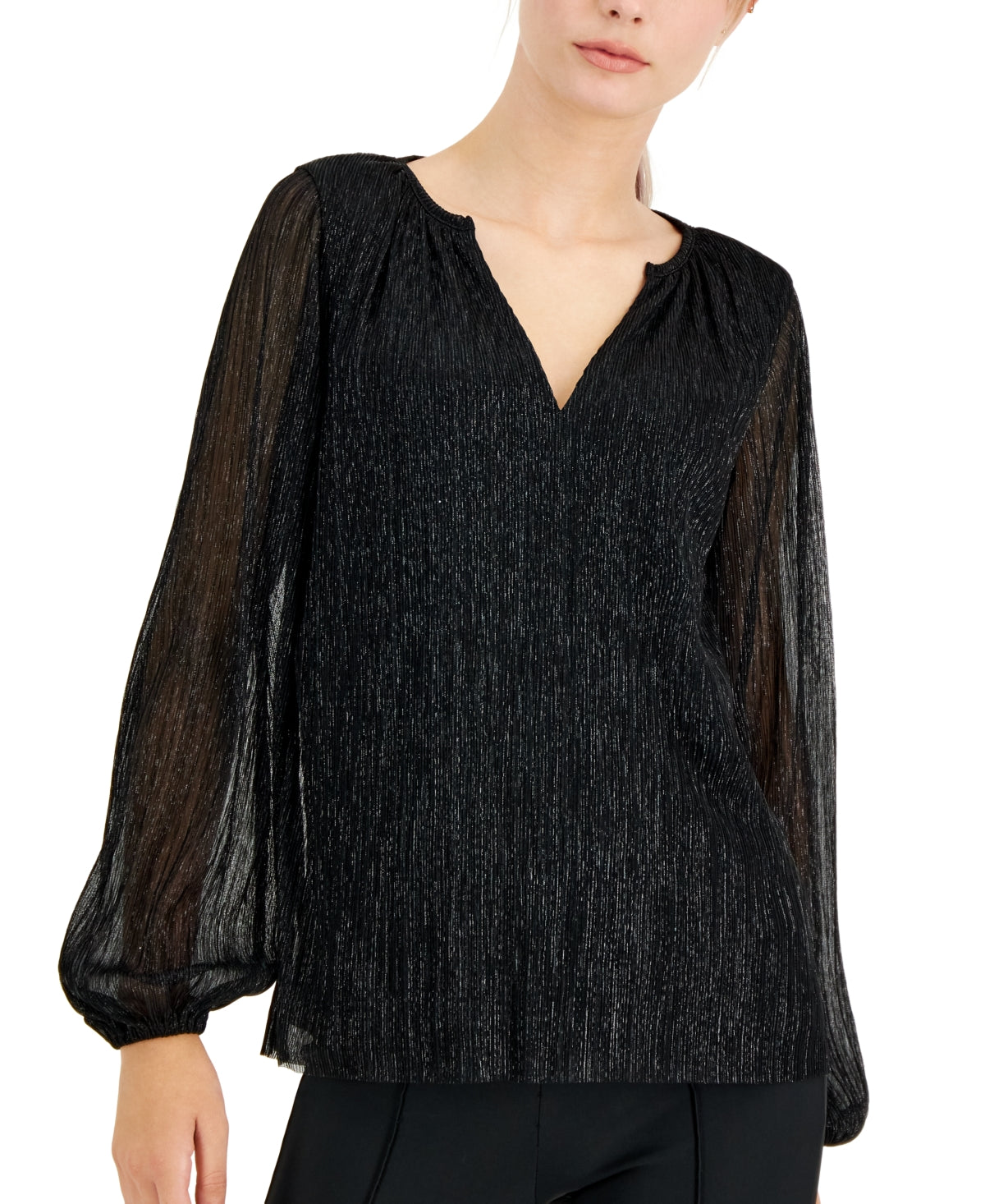 Alfani Women's Metallic Peasant Top Black Size 44