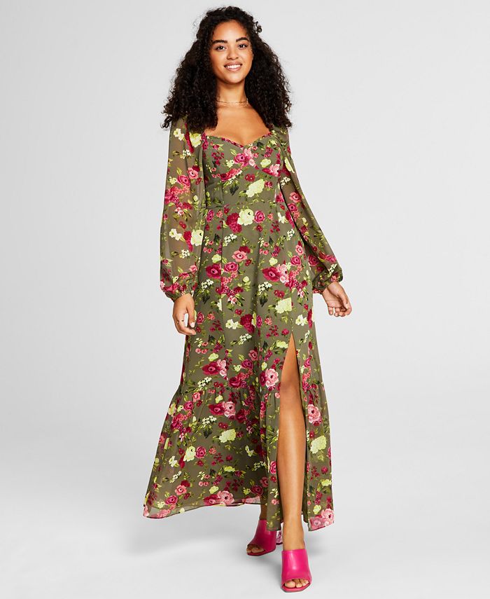 Bar III Women's Printed Bustier Side Slit Maxi Dress Green Size Large