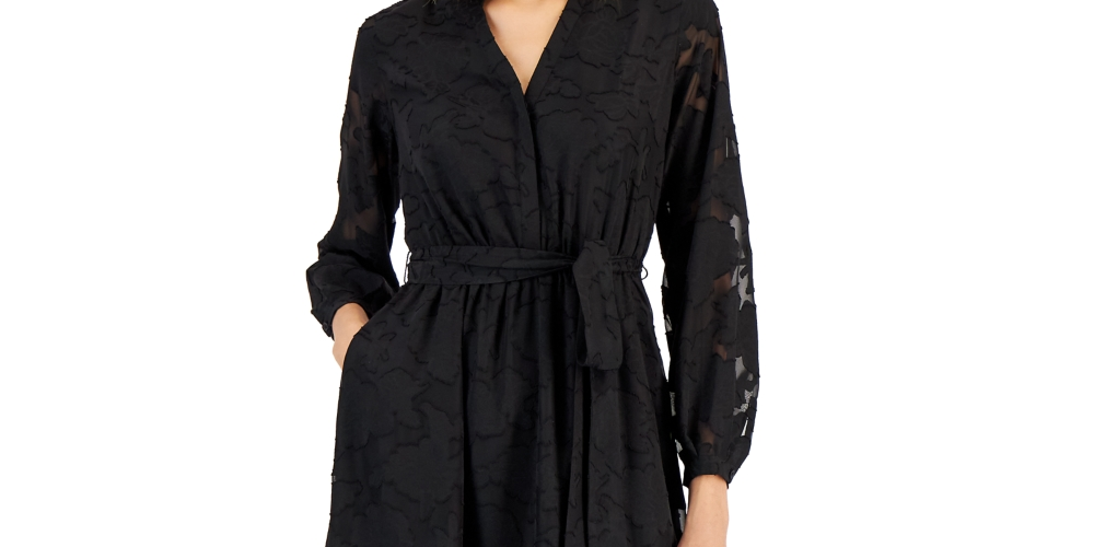 Alfani Women's Jacquard Mesh Sleeve Belted Shirtdress Black Size 4 Petite