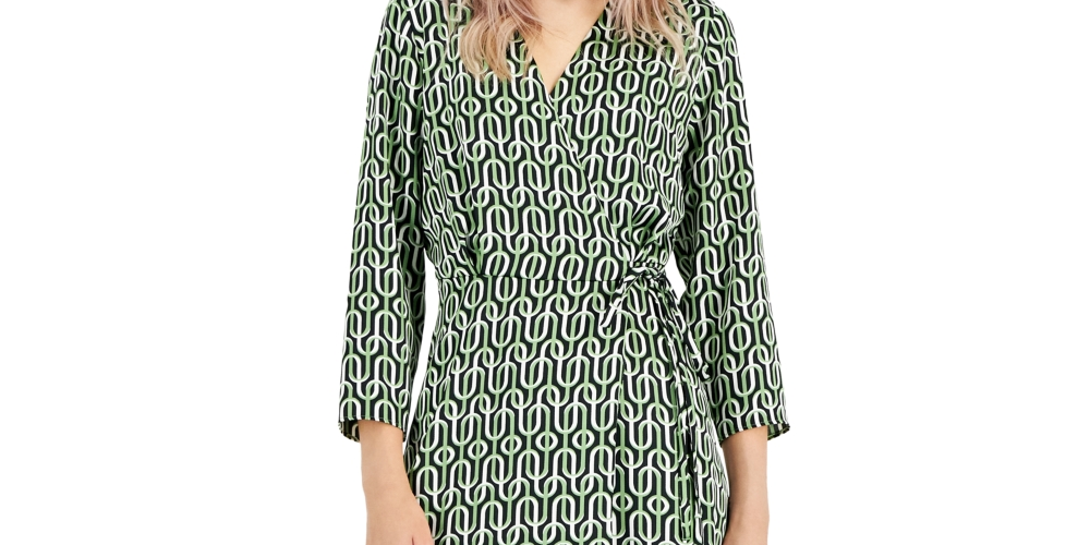 Alfani Women's Elbow Sleeve Satin Surplice Dress Green Size 16