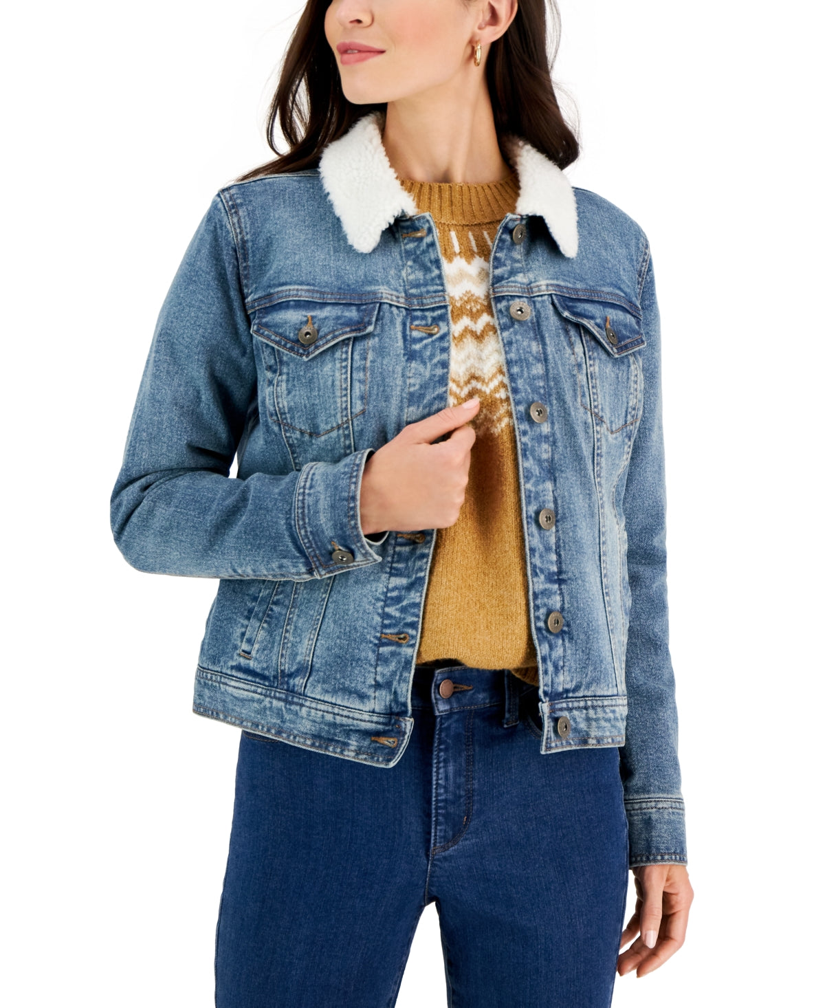Style & Co Women's Sherpa Collar Jean Jacket Blue Size Medium