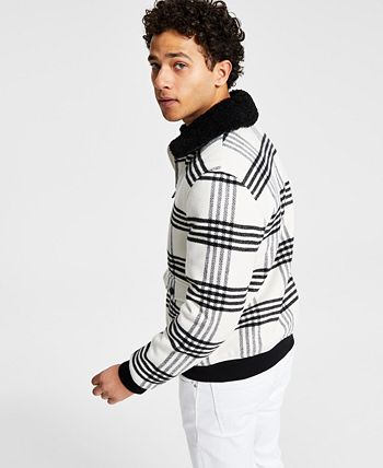 INC International Concepts Men's Loki Fleece Collar Zip Front Plaid Jacket White Size Small