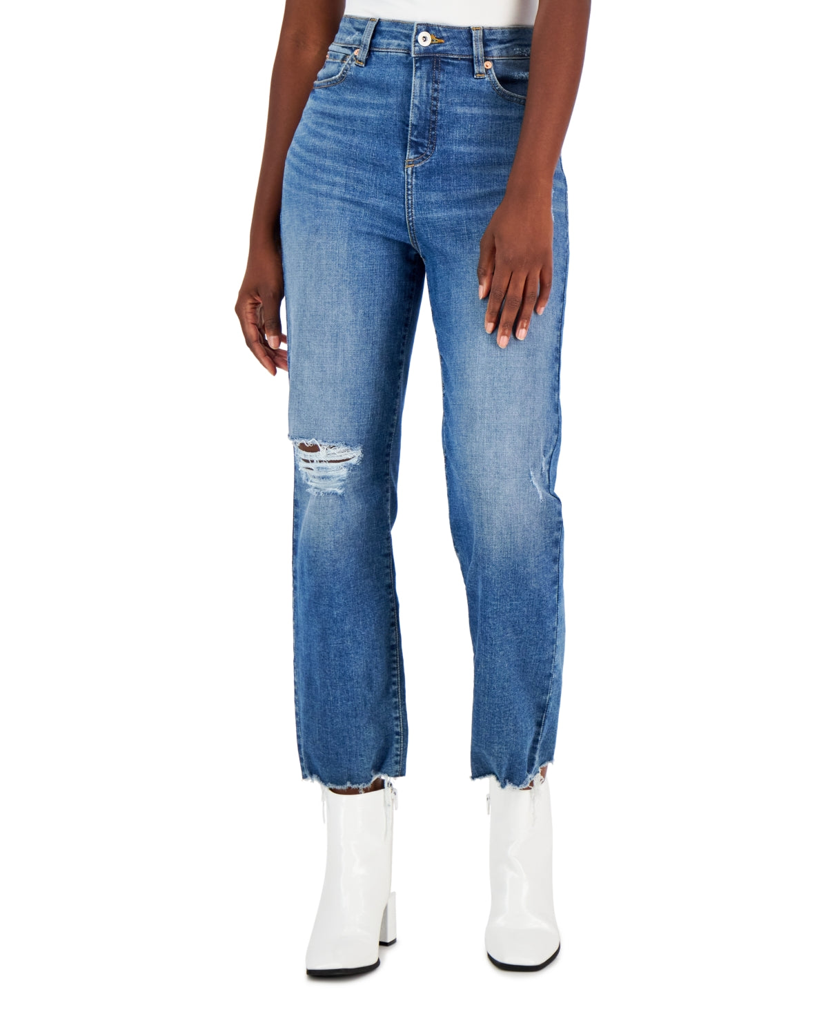 INC International Concepts Women's High Rise Distressed Straight Leg Jeans Blue Size 0