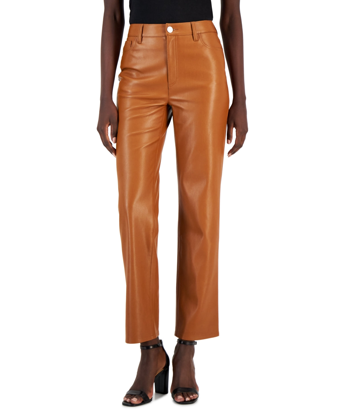 INC International Concepts Women's Faux Leather Straight Leg Pants Brown Size 16