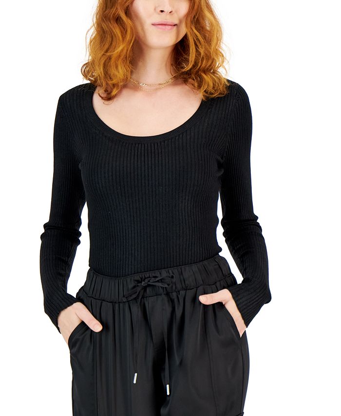 INC International Concepts Women's Foil Scoop Neck Sweater Black Size Small