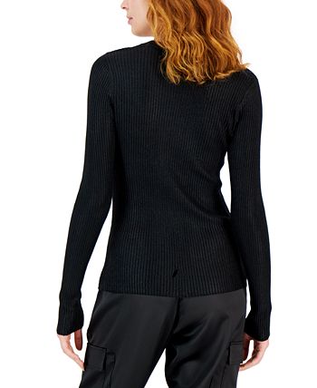INC International Concepts Women's Foil Scoop Neck Sweater Black Size Small